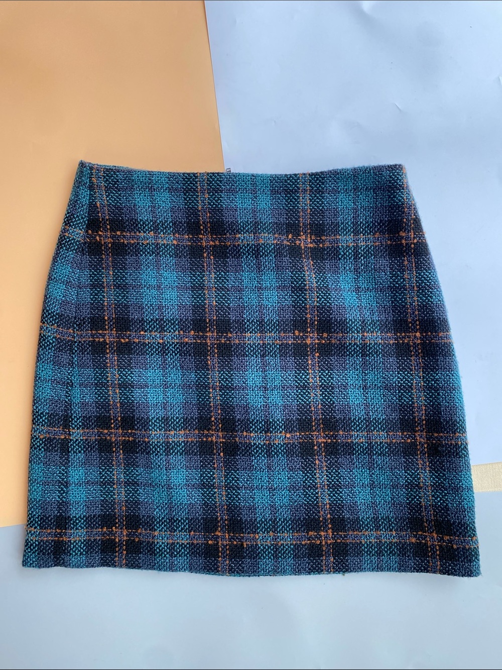 LOFT Teal and Navy Plaid Mini Skirt with Orange Accents